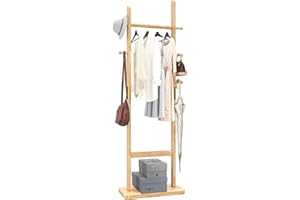 Aibiju Coat Rack Freestanding, Coat Tree with 2 Main Rods and Stable Design, Clothes Racks for Hanging Coats Clothes Suits Jacket, Easy to Assemble and Very Sturdy, Natural Wood Color USYD-202