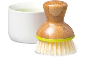 Full Circle Bubble Up Bamboo Dish Brush & Ceramic Soap Dispenser – Family Safe, Formaldehyde-Free – Kitchen Scrub Brush for Dishes, Nonstick & Cast Iron, White