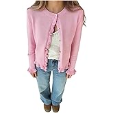 GORGLITTER Women's Ruffle Cardigan Sweater Cute Lightweight Button Up Crew Neck Long Sleeve Trendy Knit Sweater Tops