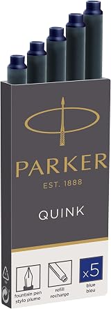 Parker Fountain Pen Ink Refill Cartridges Long Blue QUINK 5 Count