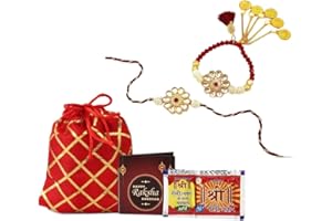SMIZZY ; (RE)TOUCHING LIVES Combo Set Of 2 Designer Kundan Pearls Lumba Bracelet With Printed Potli Bag, Roli Chawal And Greeting Card For Brother