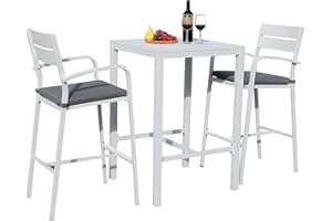 Soleil Jardin Aluminum Outdoor Bar Set, 3-Piece Outdoor Bar Height Table and Chairs Set, Counter Height Bar Stools with Cushions & Slatted High Top Bar Table for Patios, Backyard, Poolside, White