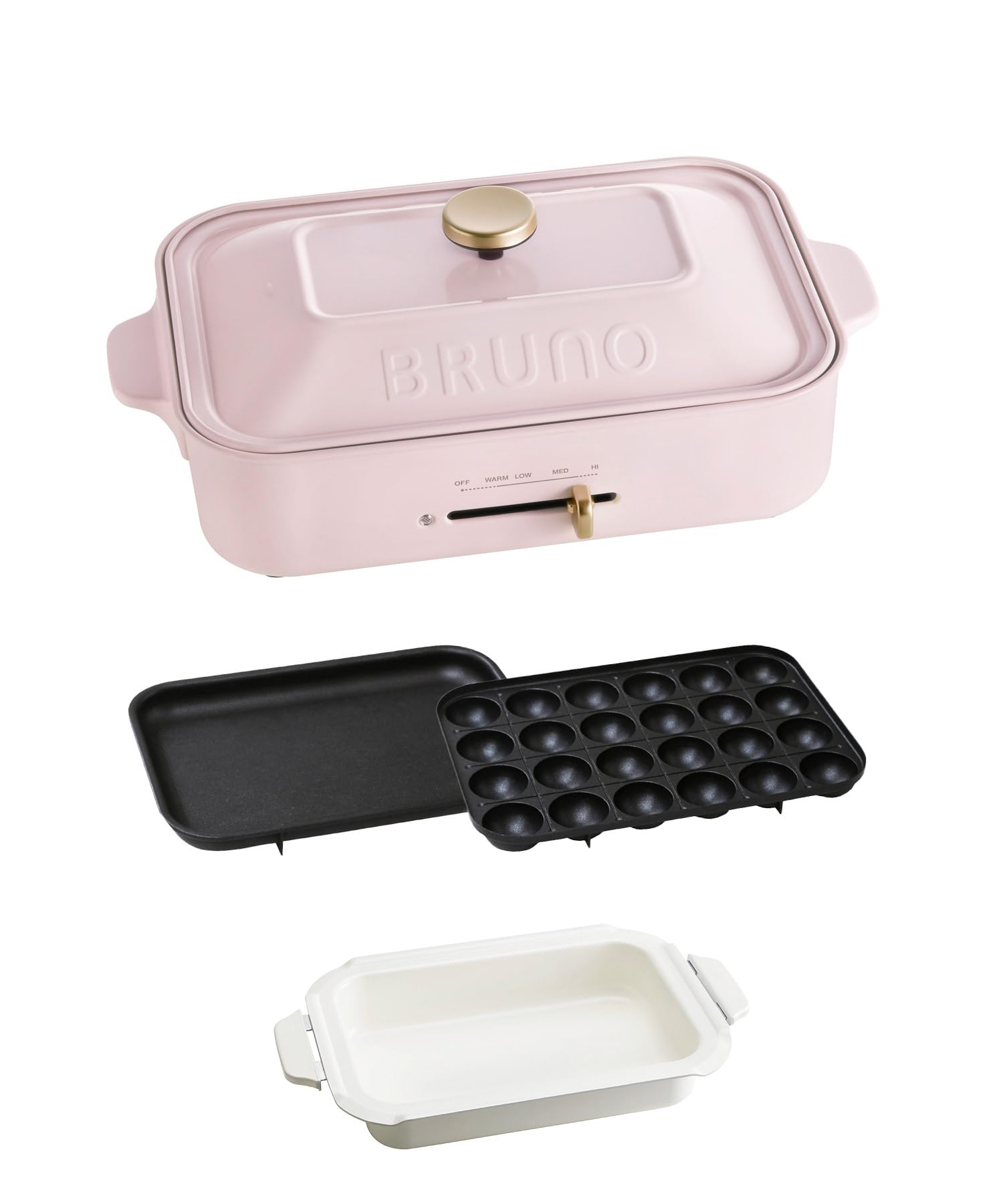BRUNO ブルーノ コンパクトホットプレート 本体 プレート3種 (たこ焼き セラミックコート鍋 平面) 焼肉 おしゃれ かわいい これ1台 一台 蓋 ふた付き 1200w 温度調節 洗いやすい 1人 2人 3人用 小型 ひとり暮らし にも A4 サイズ ピンク 桃色 BOE021-MOMOIRO商品画像