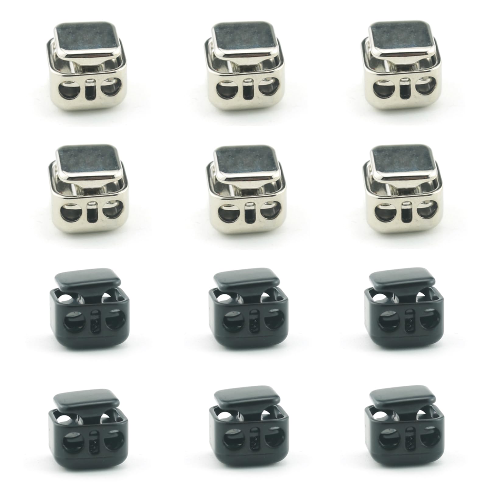 12 PCS Cord Locks Professional Draw String Clips Spring Toggle Stopper Heavy Duty Alloy Double Hole Lace Locks Shoelace Clips for Shoelaces, Drawstrings, Bags and More(Black,Silver)