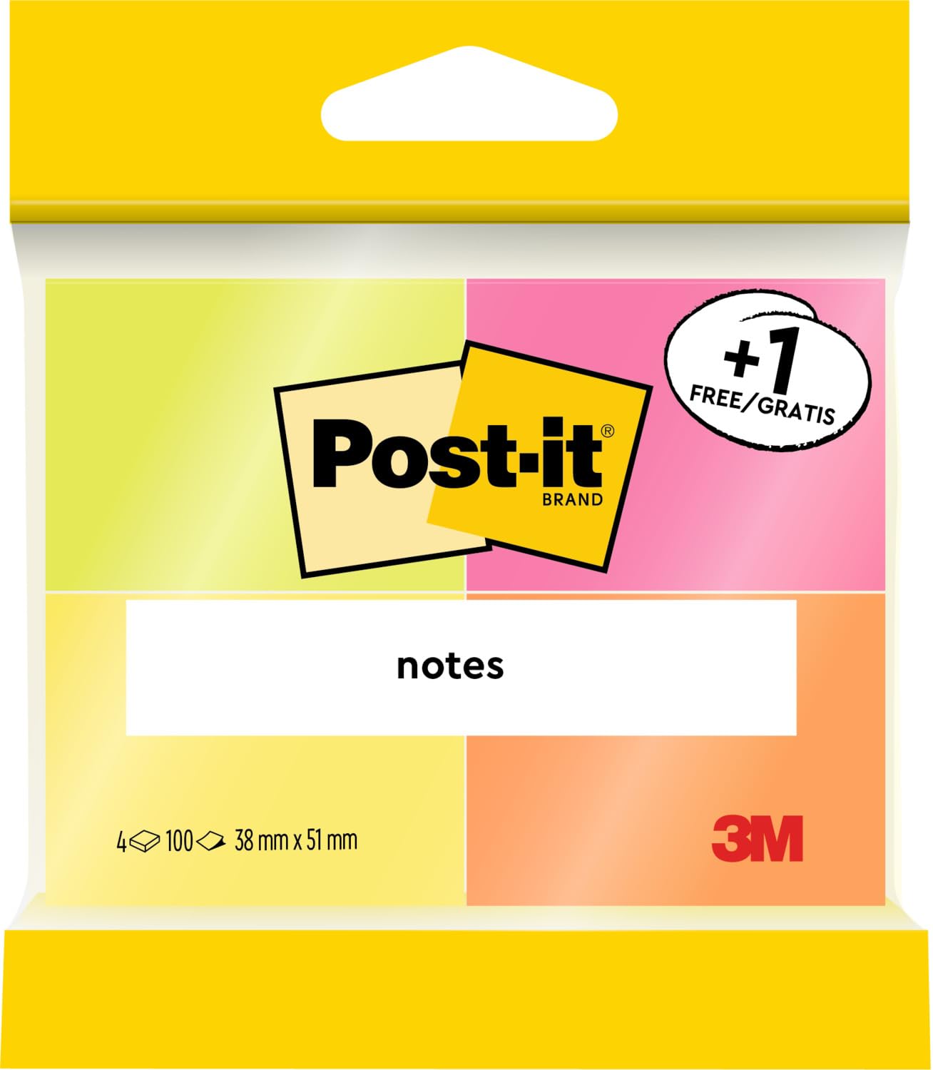 Post-it Notes, Assorted Neon Colours, Promo Pack 3 + 1 Free Pads, 38 mm x 51 mm, 100 Sheets per Pad - Extra Sticky Notes for Walls, Monitors and Fridge