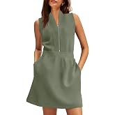SENSERISE Womens Summer Casual Dresses Half Zip Dress | Tshirt Dress with Pockets, V Neck, Sleeveless Dress, Wrinkle-Free Travel Clothes, Beach Vacation Outfits
