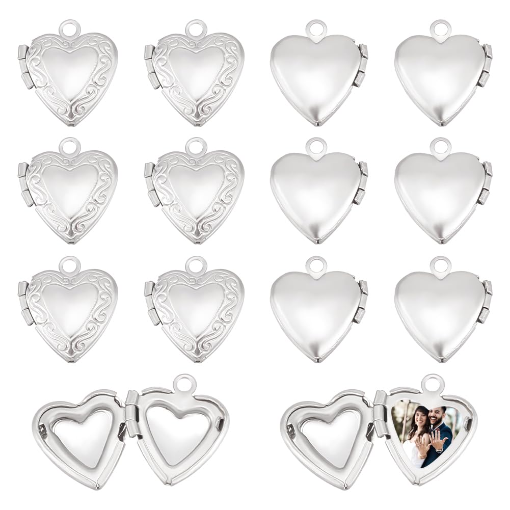UNICRAFTALE 24pcs Stainless Steel Heart Locket Pendants Hearts Photo Frame Charms Love Wedding Photo Charms for DIY Memorial Necklace Jewelry Making 15x13x4.5mm