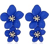 Large Double Flower Earrings Gold Plated Boho Statement Colorful Matte 3D Daisy Flowers Chic Metal Floral Dangle Drop Earrings for Women Bohemian Wedding Bridal Prom Party Fashion Jewelry Gifts