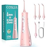 COSLUS C50 Portable Water Flosser for Teeth: 4 Modes & 5 Intensity Levels Professional Electric Dental Pick for Sensitive Gums, Braces & Orthodontic - Cordless for Travel Use, for Adults, BPA-Free
