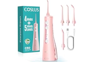 COSLUS Portable Water Flosser for Teeth: 4 Modes & 5 Intensity Levels Professional Electric Dental Pick for Sensitive Gums, Braces & Orthodontic - Cordless for Travel Use, for Adults, BPA-Free, Pink