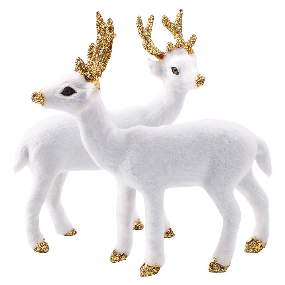 Christmas Reindeer Figures Decorations 2 Pcs White Reindeer Art Animal Ornament Miniature Forest Animals Figures Simulation Standing Deer Elk Decoration for Christmas Decorations Party Favors Supplies
