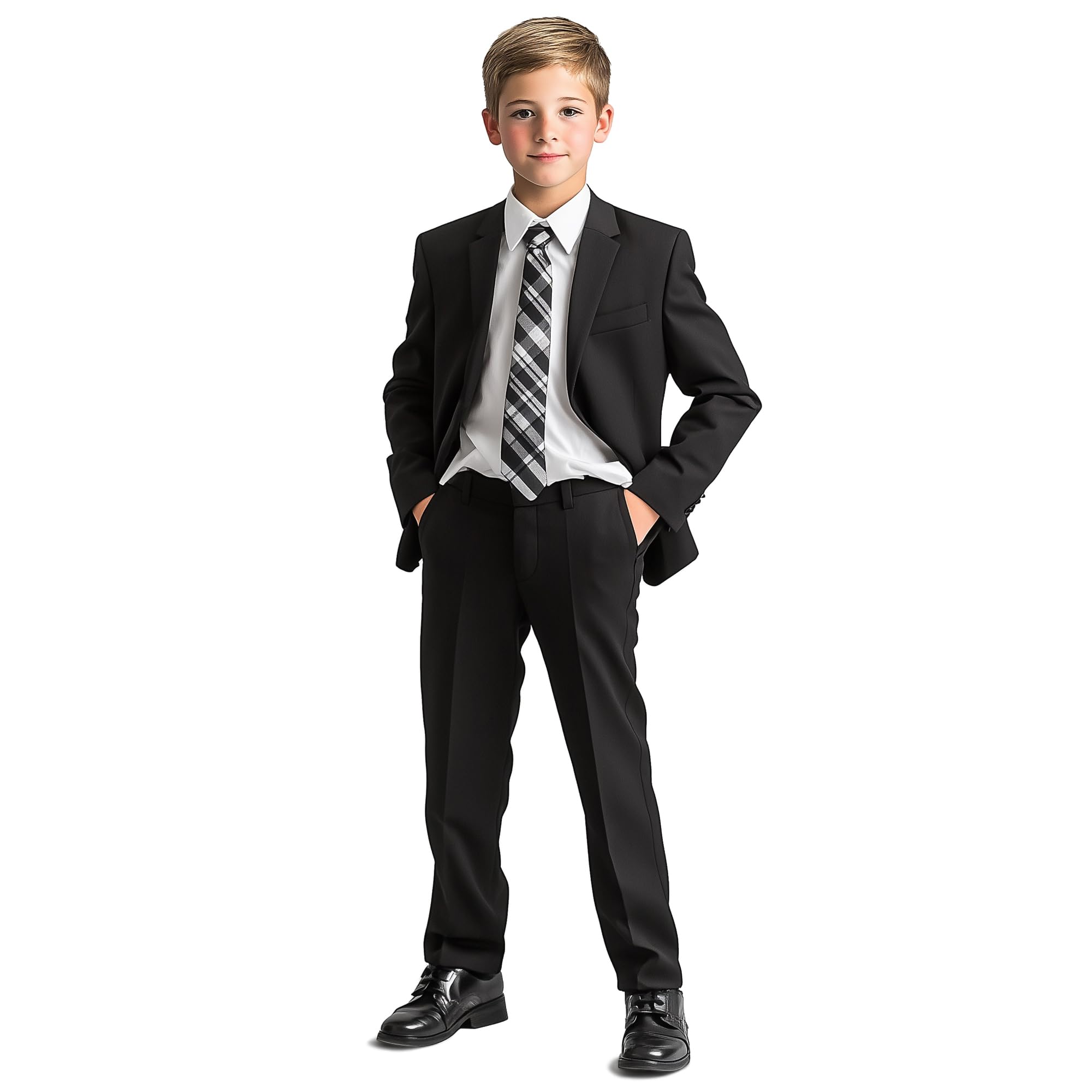 Haggar Boys’ 4-Piece Suit, Dress Shirt & Tie Set, Black/White, 8