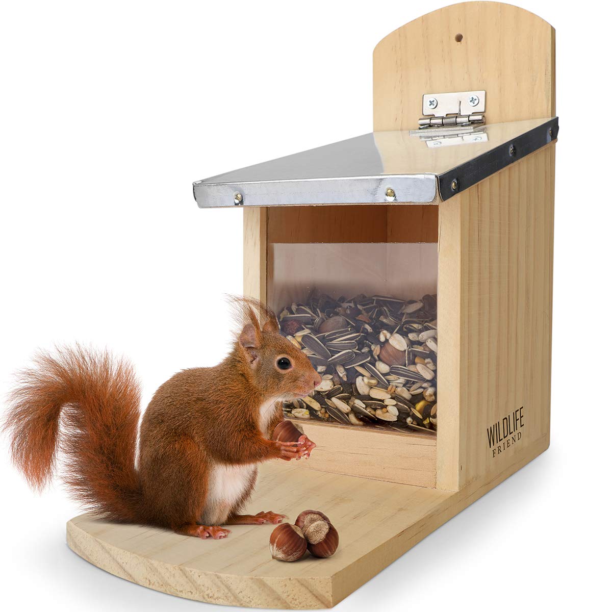Squirrel Feeder With Metal Roof - Natural Wood, Extra Long Feeding Platform for Red Squirrels - Hanging Feeding Station for Garden