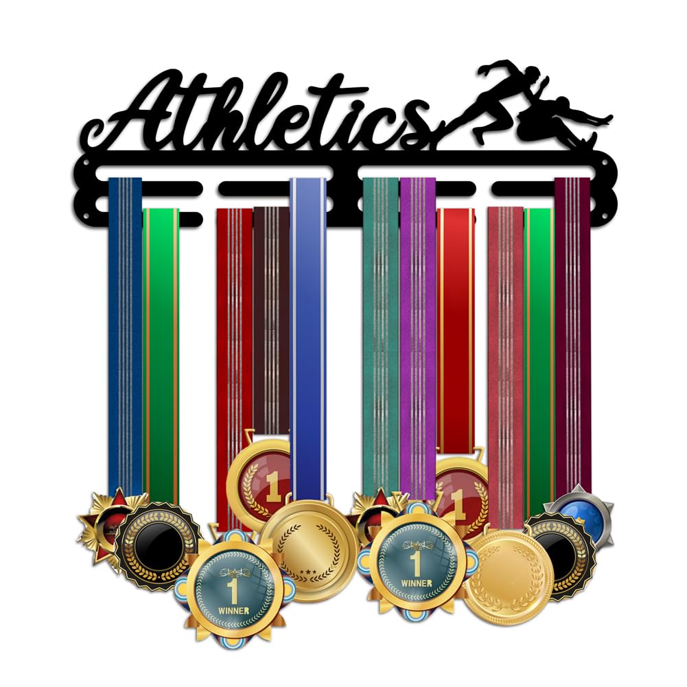 PH PandaHall Athletics Medal Hanger Medal Display Rack Medal Holder Wall Mount Hanger Race Trophy Shelf Tiered Award Rack Award Ribbon Hanger for Over 50 Medals Sports Competition Decor 40x15cm