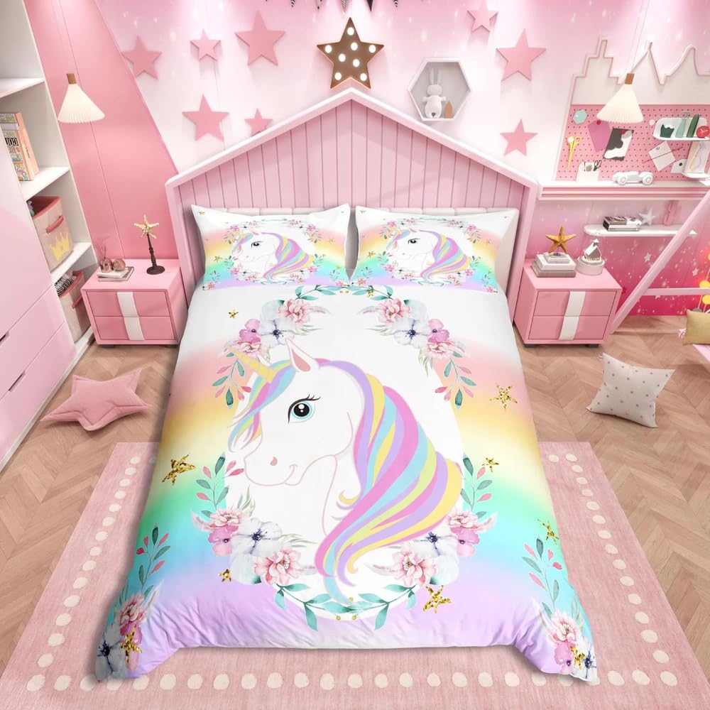 Loussiesd Fantasy Unicorn Girl Bedding Single Colorful Flower Decor Horse Duvet Cover Set Unicorn Animal Beds Set Children Teenagers Women Sweet Rain Color Bedclothes 2PCS