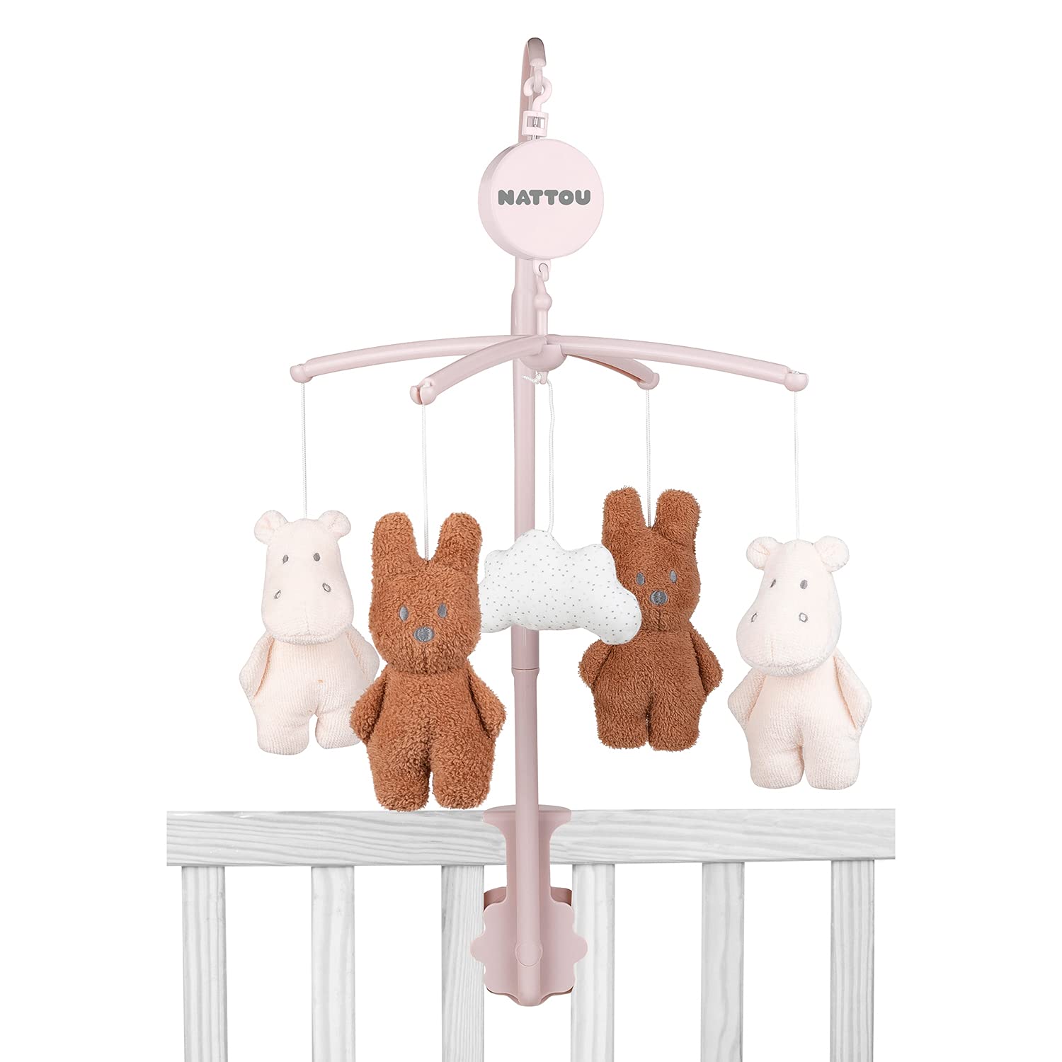 Nattou Mobile with Music Box, Cotton and Polyester (Terry Cloth), Rabbit and Hippo, Gentle Lullaby "La-Le-Lu", Approx. 31 x 31 cm, Susie and Bonnie Collection, Pink/Brown