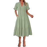 BTFBM Summer Dresses for Women 2025 Vacation V Neck Loose Short Sleeve A Line Tiered Flowy Casual Midi Beach Dress