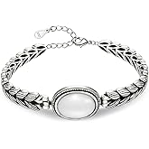 Irideket 925 Sterling Silver Bangle with White Jade Stone Adjustable Leaf Engraved Bracelet with Lobster Clasp Open Cuff Silver Plated Jade Jewelry for Women for Daughter Granddaughter Mom Sister Mothers Day Valentine Gift