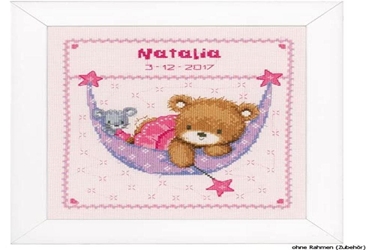 Vervaco Counted Cross Stitch: Birth Record: Little Bear in Hammock (Pink), COTTON, NA, 21 x 24cm