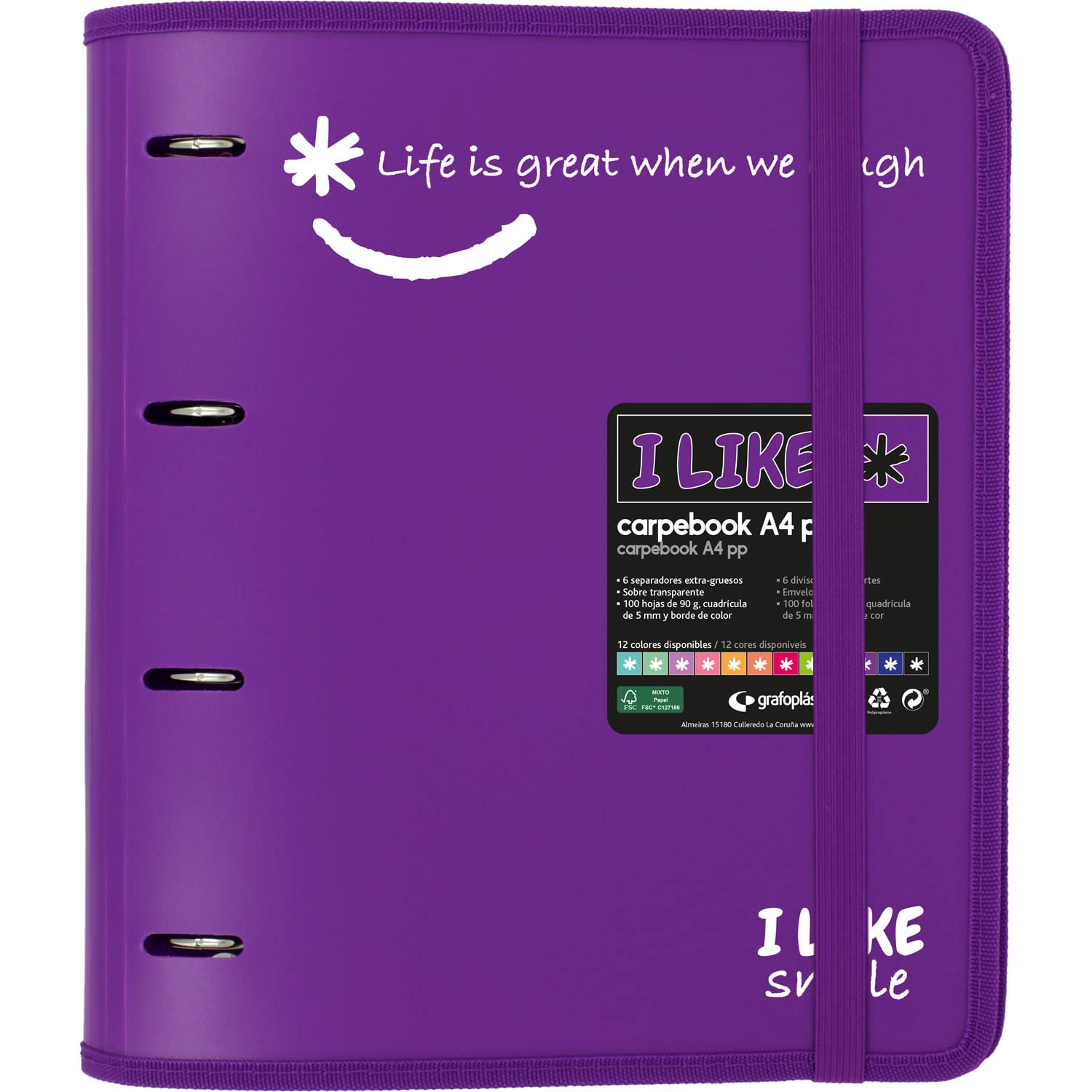 Grafoplás 88101835. 4 Ring Binder Die Cut with Replacement, A4, Purple, Semi-Rigid Polypropylene, Including Separators, Carpebook Like