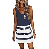 ETCYY NEW Womens Summer Striped Dresses Casual Sleeveless T Shirt Dress Drawstring Waist Sundress with Pockets