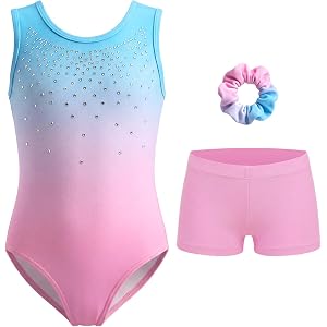 LasKit Gymnastics Leotards for Girls Gradient Rhinestone Sleeveless 3 Piece Set with Shorts & Hair Scrunchie