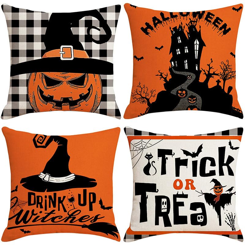 SUNNEE 4pc Halloween Decorations Cushion Covers - 18×18 Halloween Throw Cushion Case for Home Sofa Indoor Outdoor Bedroom Vintage Decor