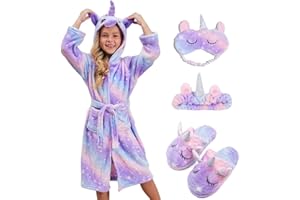 Girls Unicorn Hooded Robe with Matching Slippers, Headband, Blindfold