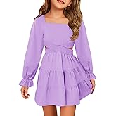 Haloumoning Girls Dresses Long Sleeve Square Neck Crossover Waist Casual A-Line Spring Fall Dress 5-14Y