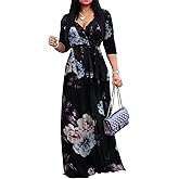 Yajedo Womens Casual Summer Maxi Dress Plus Size Sexy Warp V Neck 3/4 Sleeve Sundress with Poctets