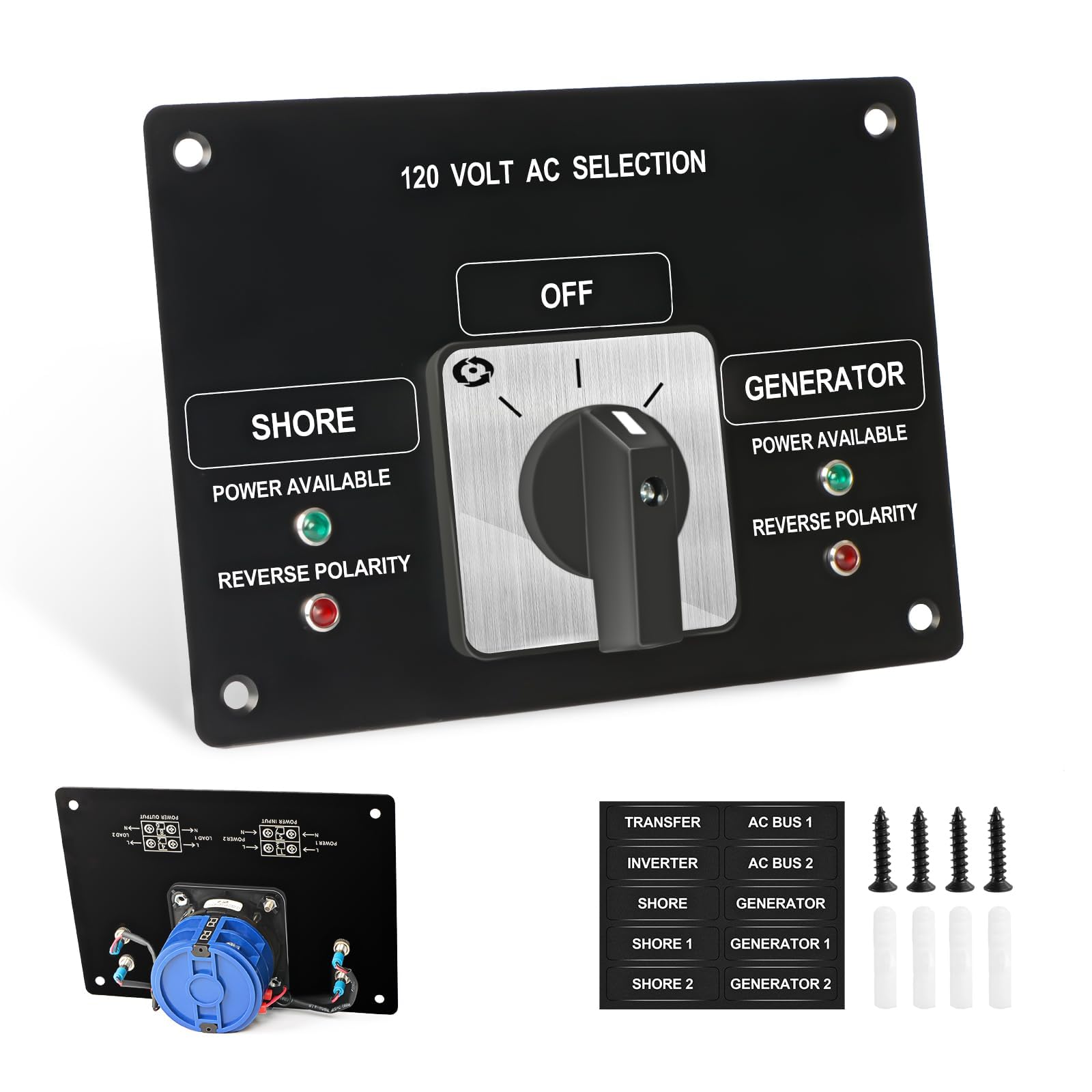 Photo 1 of OELFFOW AC Rotary Selector Switch Panel - 120V 30A, 2 Position Rotary Switch with Reverse Polarity LED Indicator Light, for Ships Commercial Vessels Naval Ships Private Yachts