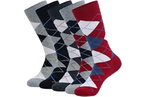 Mens Dress Socks Cotton 5 Pairs, Cool Design Crew Socks For Men, Colorful Striped Fun Novelty Argyle Casual Socks Size 10-13