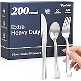 Dealusy 200 Count Heavy Duty Silver Plastic Silverware, 100 Forks, 50 Spoons, 50 Knives, BPA-Free, Heat Resistant, Disposable Plastic Utensils Set Cutlery Set, Plasticware Bulk