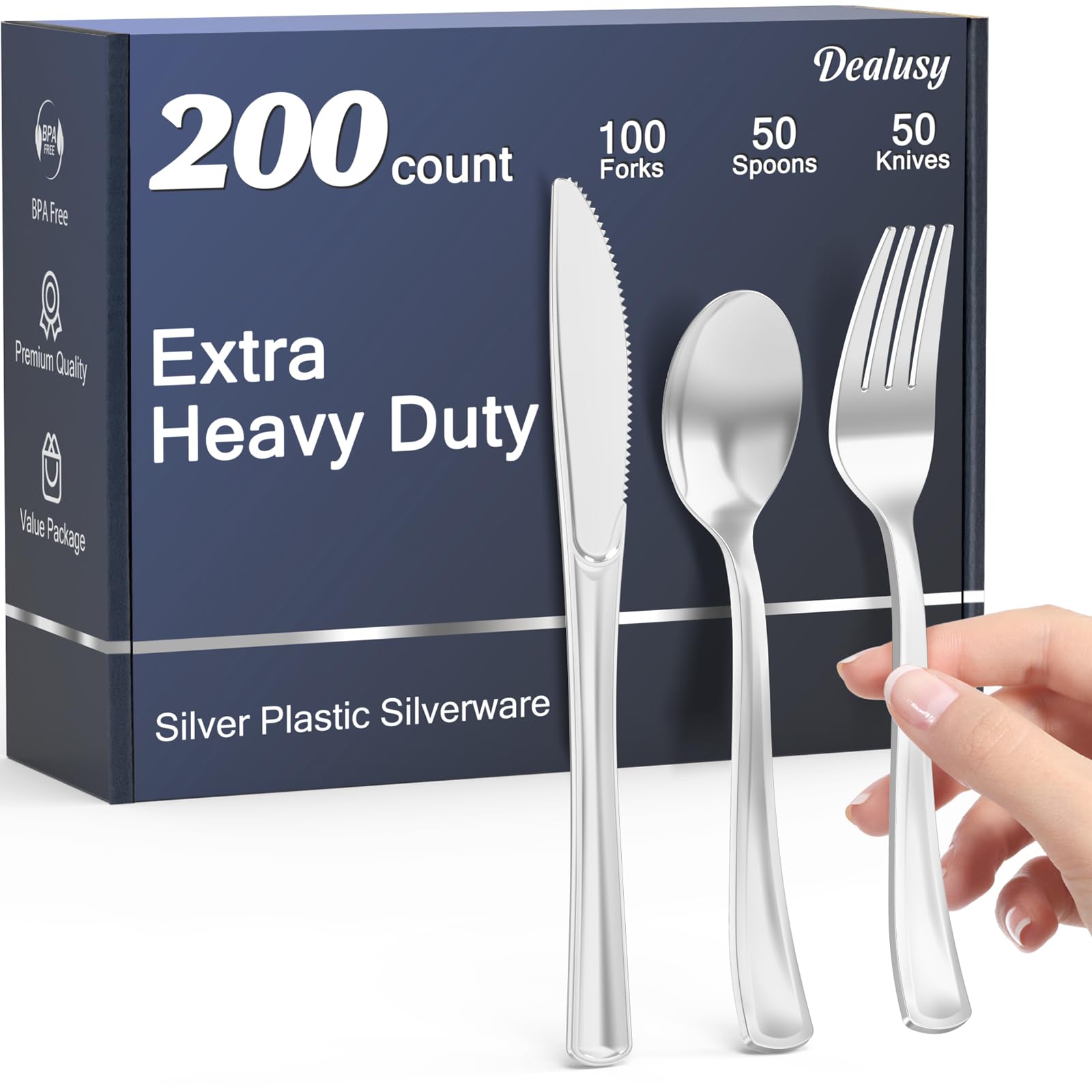 Photo 1 of Dealusy 200 Count Heavy Duty Silver Plastic Silverware, 100 Forks, 50 Spoons, 50 Knives, BPA-Free, Heat Resistant, Disposable Plastic Utensils Set Cutlery Set, Plasticware Bulk