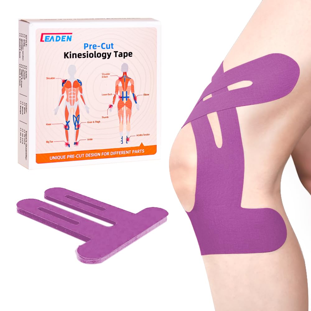 Photo 1 of IEADEN Precut Kinesiology Tape for Knees, 20 Pcs - Knee Support & Stability, Knee Pain Relief Athletic Tape - Waterproof & Elastic, Breathable Hypoallergenic Latex-Free Tape, Purple