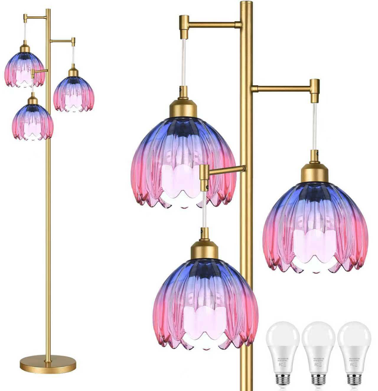 Photo 1 of ILLMTW Gold Floor Lamp for Living Room,Bedroom,Mid Century Modern Standing Lamp Brass Tree 3 Light Tall Floor Lamps Vintage Retro Floor Lights Glass Flower Lamp Shade Farmhouse Boho Bohemian
