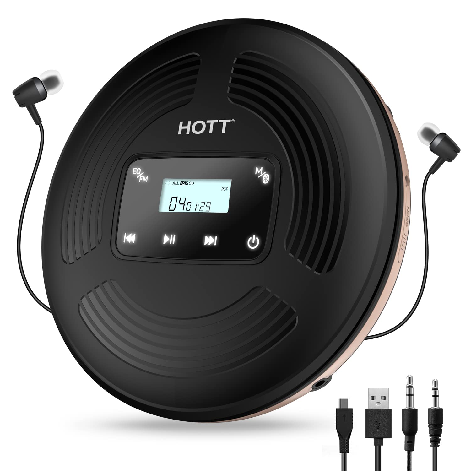 HOTT CD903TF Portable CD Player with Bluetooth and FM Transmitter with Touch Buttons Backlight,Rechargeable with AUX Cable,CD Player Shockproof for Car