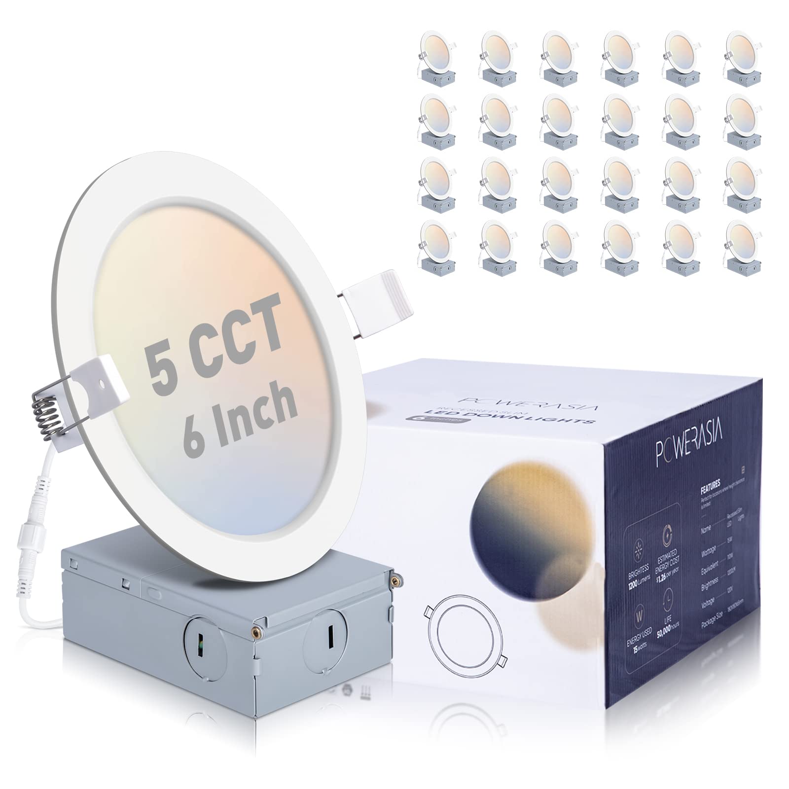 Photo 1 of 24 Pack Recessed Lighting 6 Inch with Junction Box, 5CCT 6 Inch LED Recessed Lights Dimmable 2700K-6000K, 15W 1200lm Ultra Thin Recessed Lighting - ETL and Energy Star