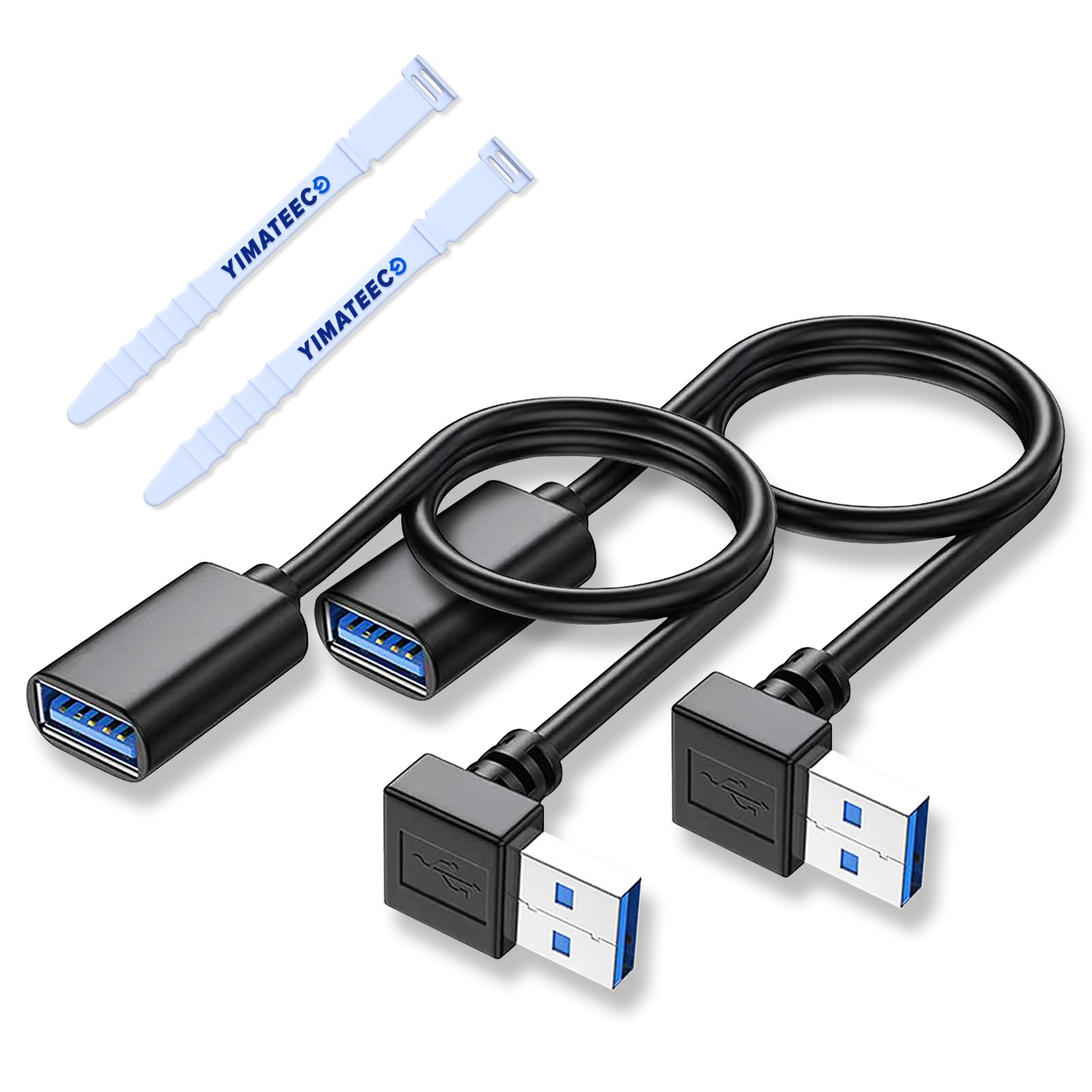 YIMATEECO USB3.0 Extension Cable Right Angle Extension Data Cable, SuperSpeed 90 Degree USB 3.0 A Male to Female Extender Adapter, Compatible with U-SB Hard Drive (Down Angle, 30cm, 2pcs, Black)