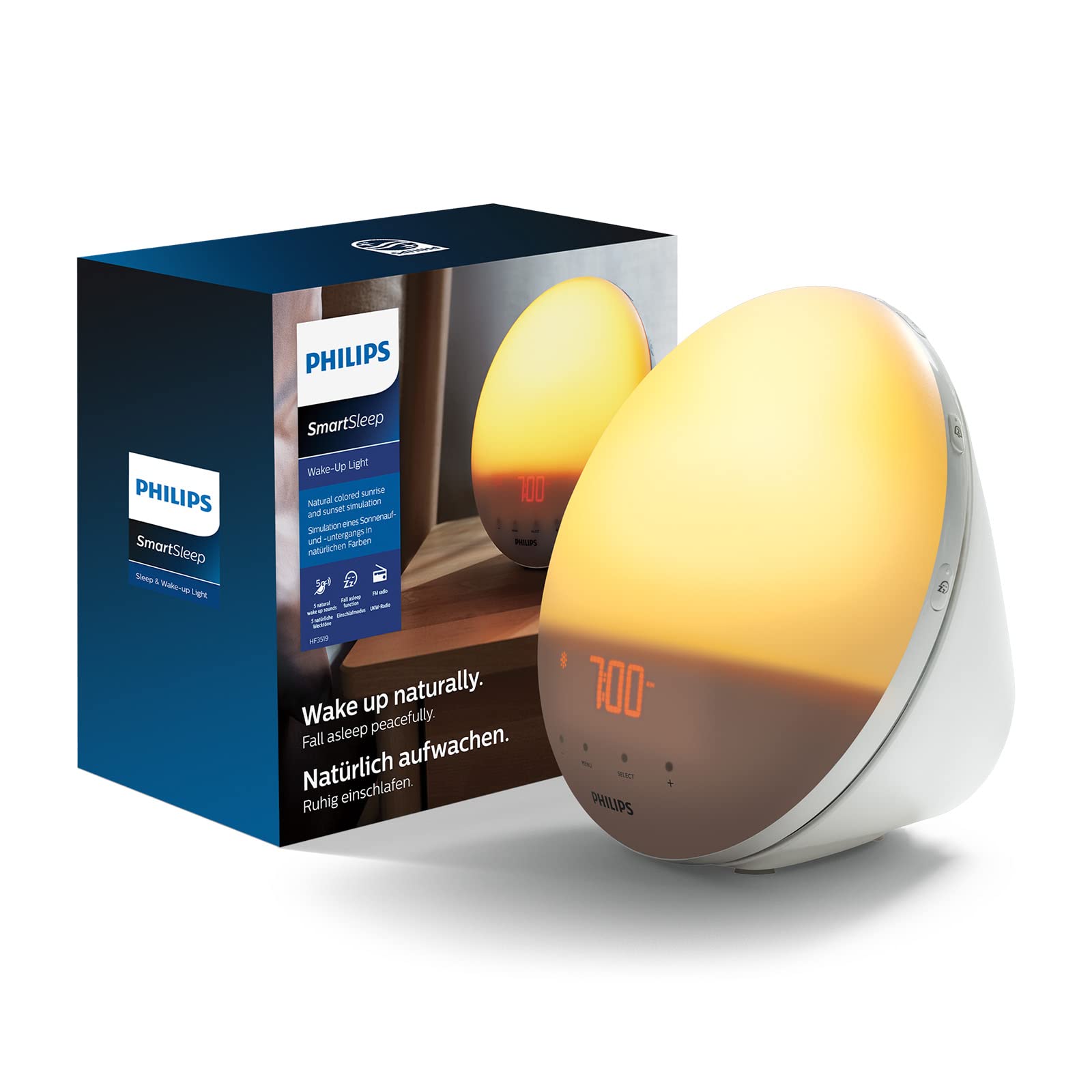 Philips Wake-up Light (Sonnenaufgangfunktion, Digitales Fm Radio, Tageslichtwecker) Weiß HF3519/01