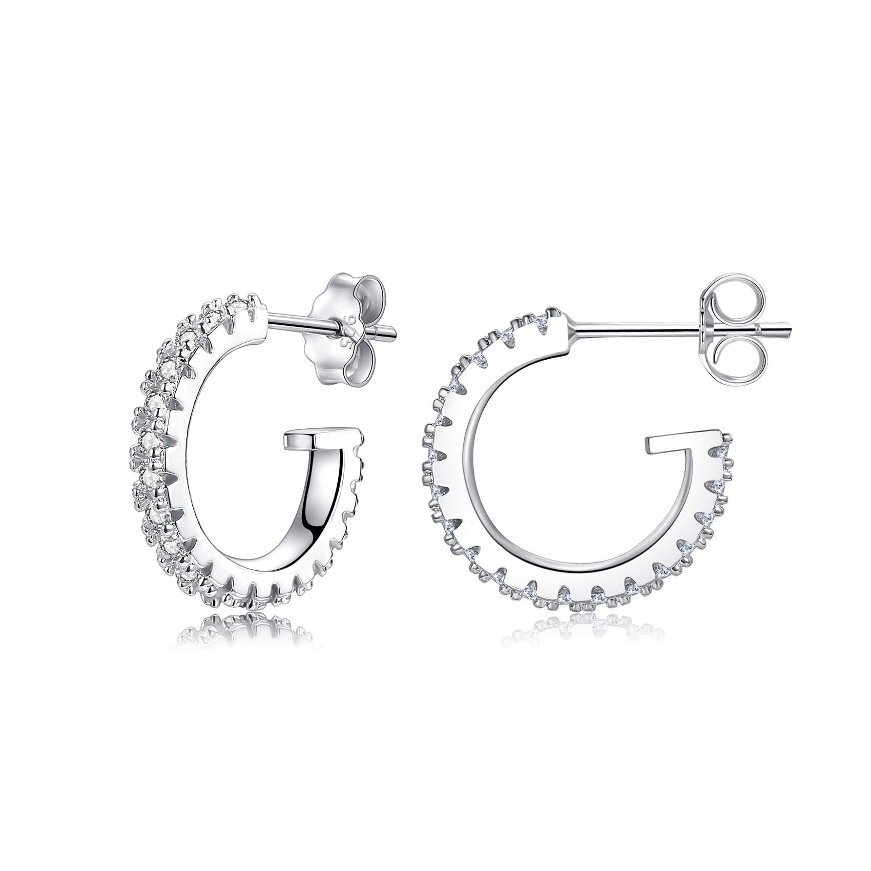 Silver Hoops Earrings for Women, Small Cubic Zirconia Paved Open Huggie Hoops | Sterling Silver Cuff Stud Earrings, Gold Earrings for Women Piercing Jewellery for Girls Teens, 10mm