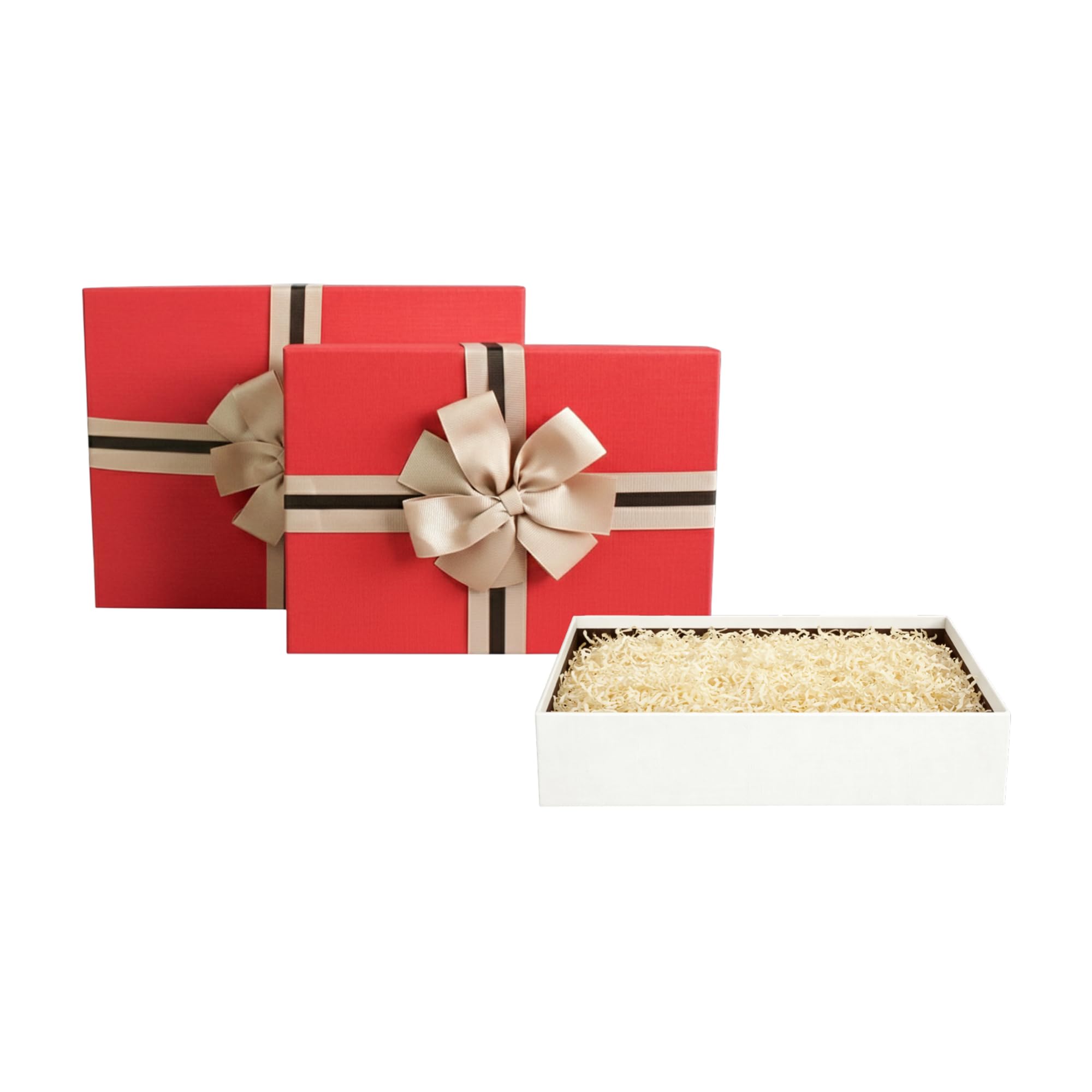 Emartbuy Cream Paper + Cream/Red Rigid Gift Box with Ribbon Set of 3 – Large, Medium, Small – – Luxury Cardboard Box|Premium Packaging for Hampers, Birthdays, Weddings, Corporate Gifting