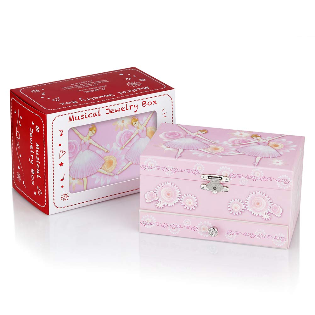RR ROUND RICH DESIGN Kids Musical Jewelry Box for Girls with Drawer and Jewelry Set with Ballerina Theme - Swan Lake Tune Pink