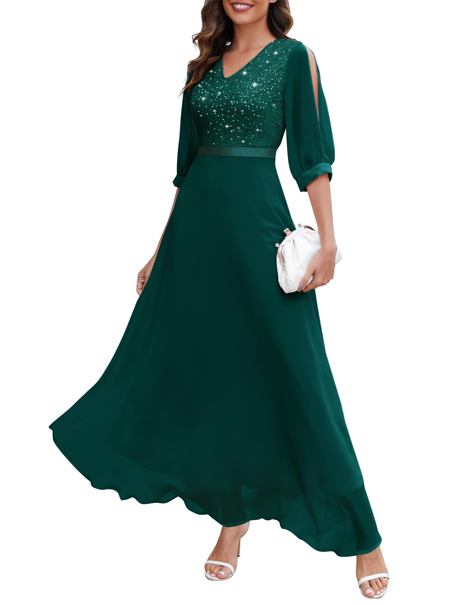 Photo 1 of Wedtrend Dark Green Women's Sequin Cocktail Dress 3/4 Sleeve Wedding Guest Dress Sparkly Floor Length Fromal Dress Bridesmaid Dress WT0317DarkGreen2XL