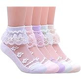 Hopply 5Pairs of Ruffle Pageant Frilly Socks for Toddler Girls Baby White Lace Ankle Dress Socks Summer Mesh Women Sock