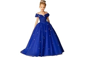 Amatesay Elegant Off Shoulder Flower Girl Dresses Puffy Tulle Pageant Gown Sparkly Pearls Formal Evening Party Dress
