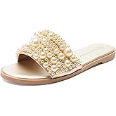 FUNKYMONKEY Women's Pearls Flat Sandals Slip-on Open Toe Dressy Summer Beach Casual Slide