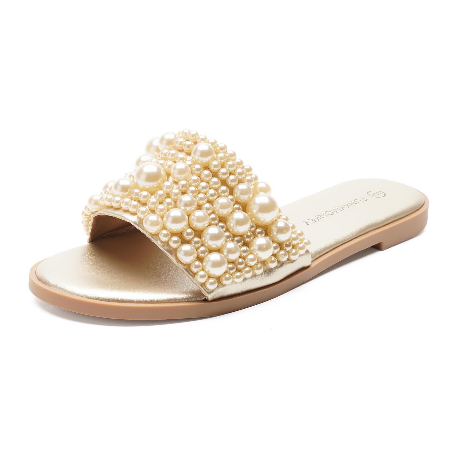 Photo 1 of FUNKYMONKEY Women's Pearls Flat Sandals Slip-on Open Toe Dressy Summer Beach Casual Slide(8 M US, Lt Gold)