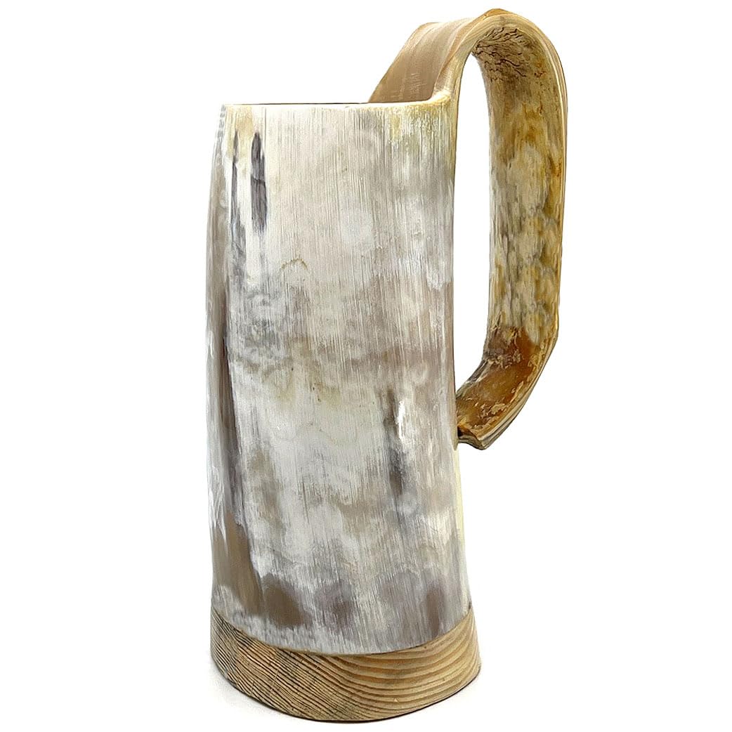 HORNCRAFT Drinking Horn Mug with Wooden Base | 600ml - 750ml Capacity | Ox Horn Tankard | Polished Finish | Genuine Ox Horn | Beer Tumbler | Drinking Vessel