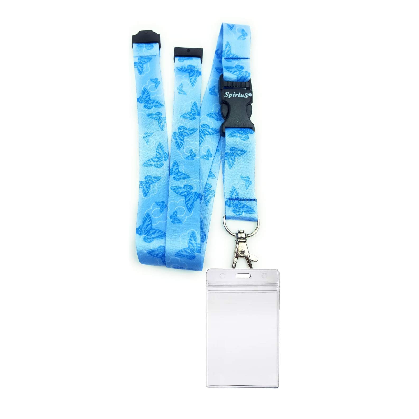Spirius Lanyard Neck Strap + Waterproof Pattern Zip-Lock Design Id Badge Card Holder (Blue Butterfly)
